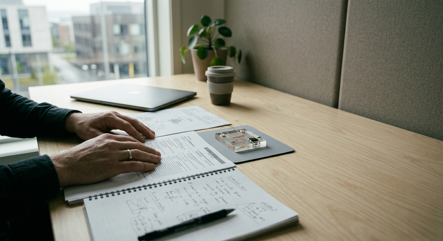 A researcher's desk with a notebook, disclosure documents, and a microfluidic chip