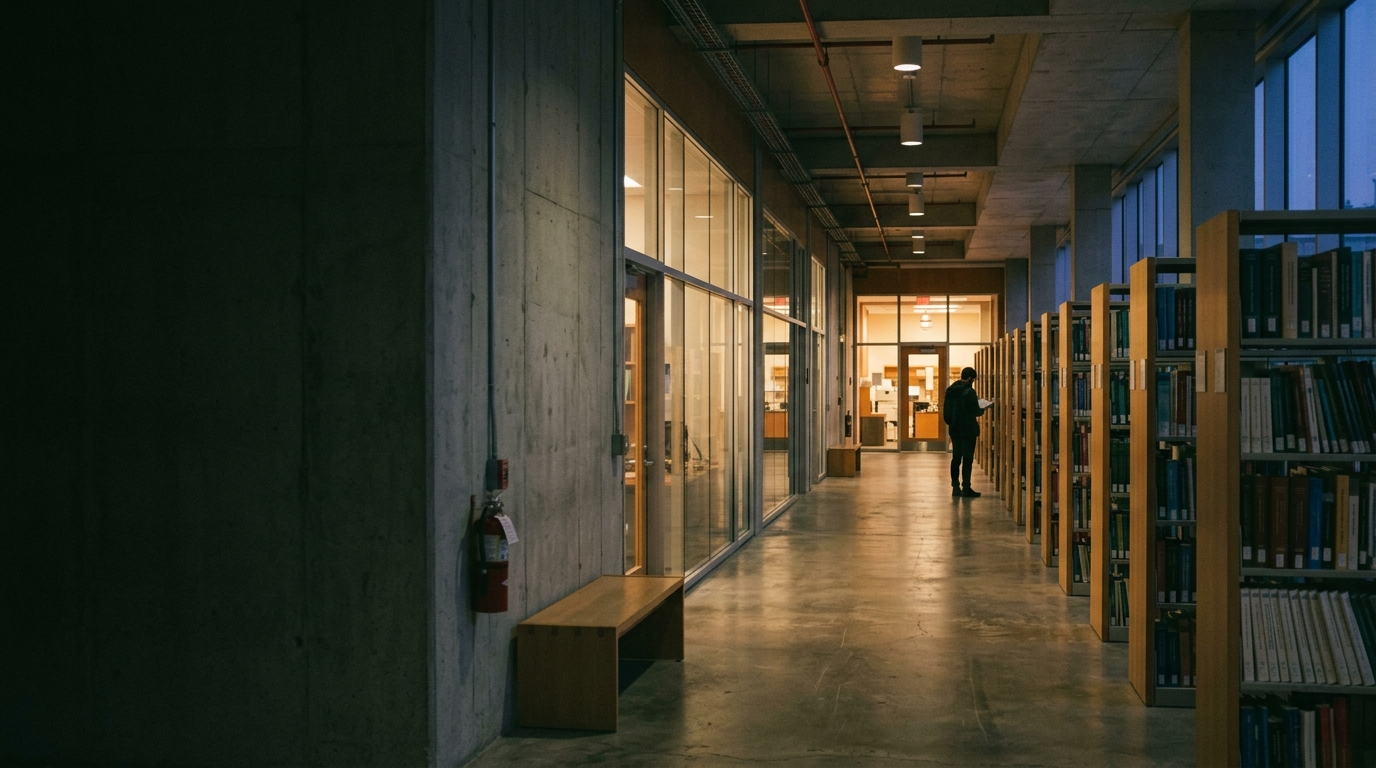 A quiet research library corridor